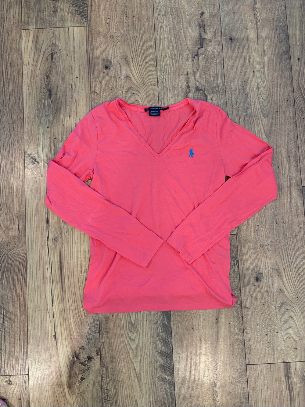 Ralph Lauren Coral V-Neck Long Sleeve Tee with Embroidered Pony